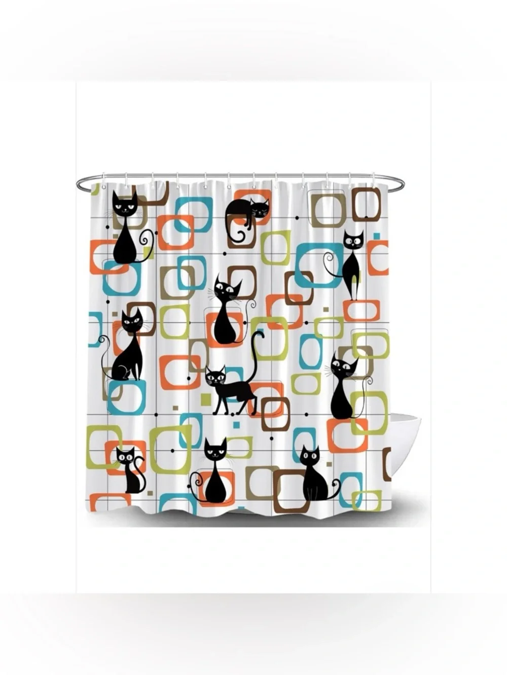 NEW Mid Century Modern Black Cat Geometric Shower Curtain - 70”x70” - Polyester